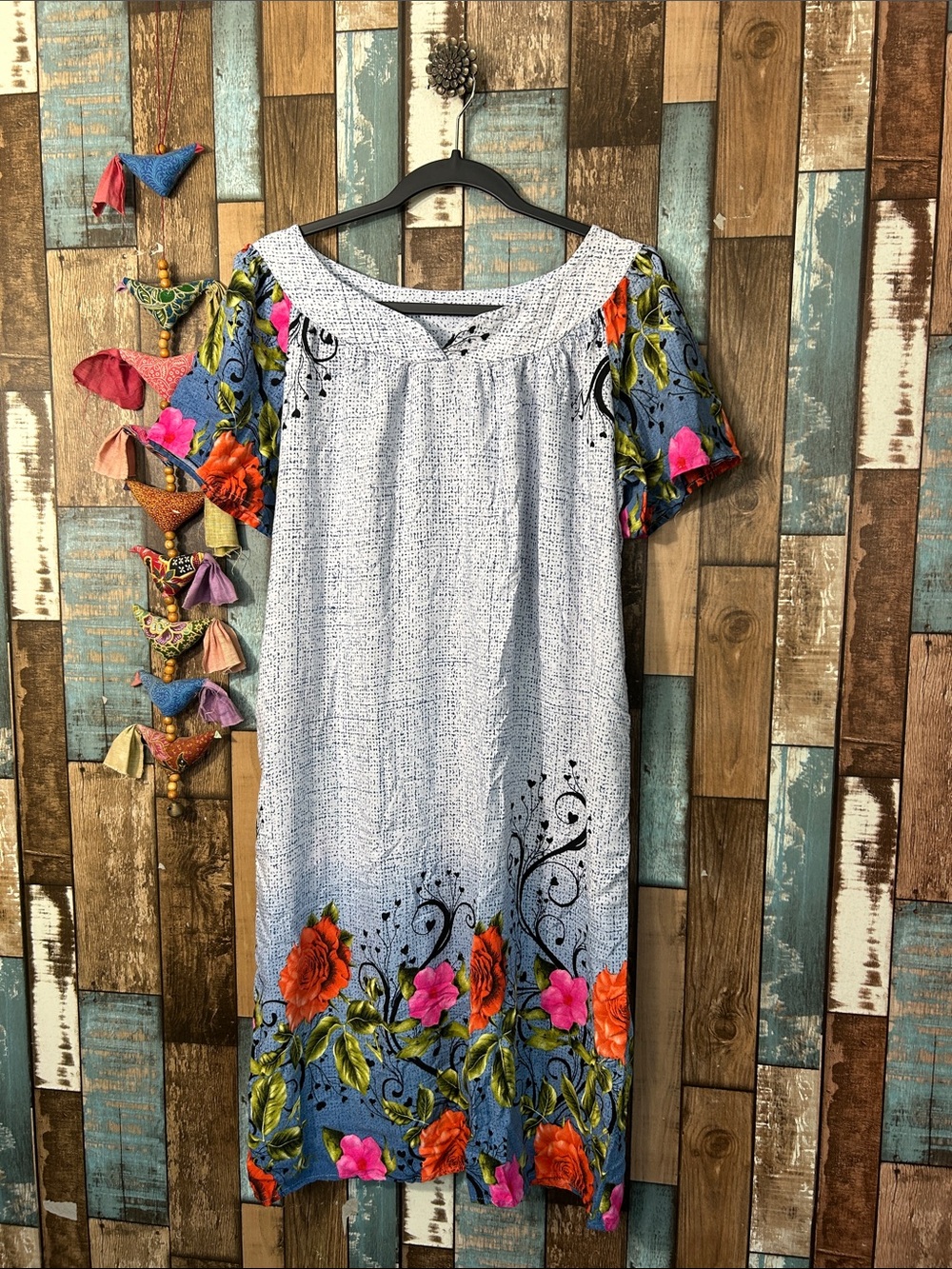 Light Blue Floral rayon  Midi Dress with Bright Pink & Orange Accents